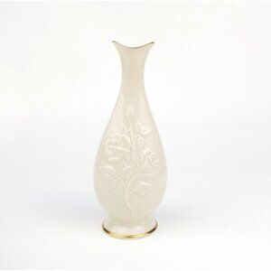 Lenox Hand Decorated 24K Gold Trim Vase W/ Embossed Rose Design Ivory Porcelain